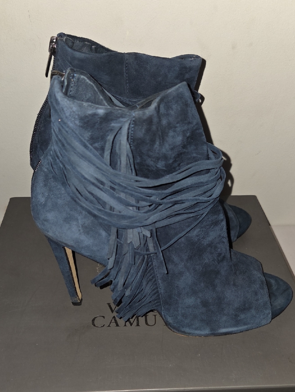 Vince Camuto Navy Suede Fringe Peep-Toe Ankle Booties